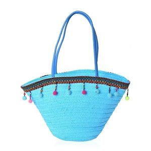Straw Tote Bag Pom Pom Tassel Turquoise